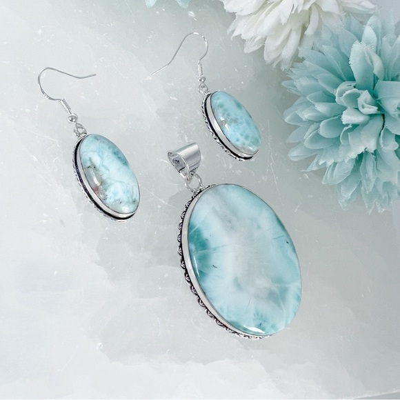 Jewelry Set Extra Chunky Larimar Pendant Necklace and Larimar Earrings New - Picture 2 of 9